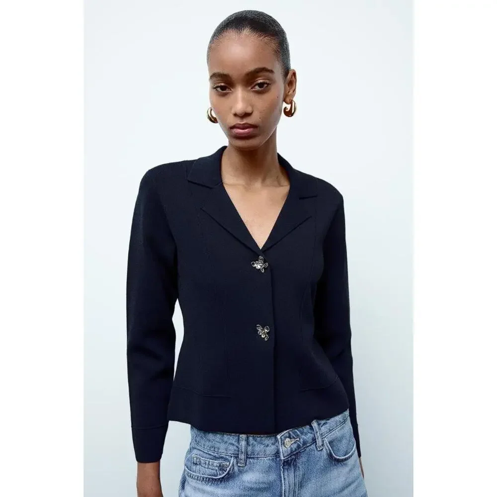 ZARA Women's Flower Button Knit Cardigan Blazer Size M In Navy - Picture 4 of 10